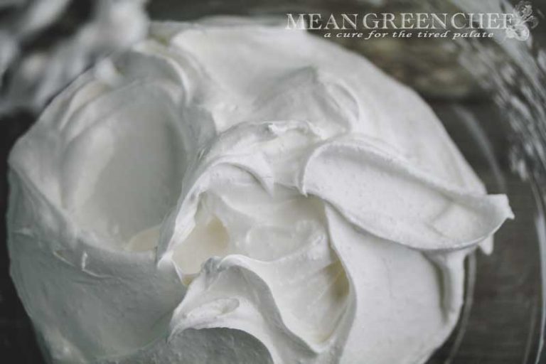 Egg whites and cream of tarter that have been beaten to stiff white peaks for our Basic Meringue Recipe