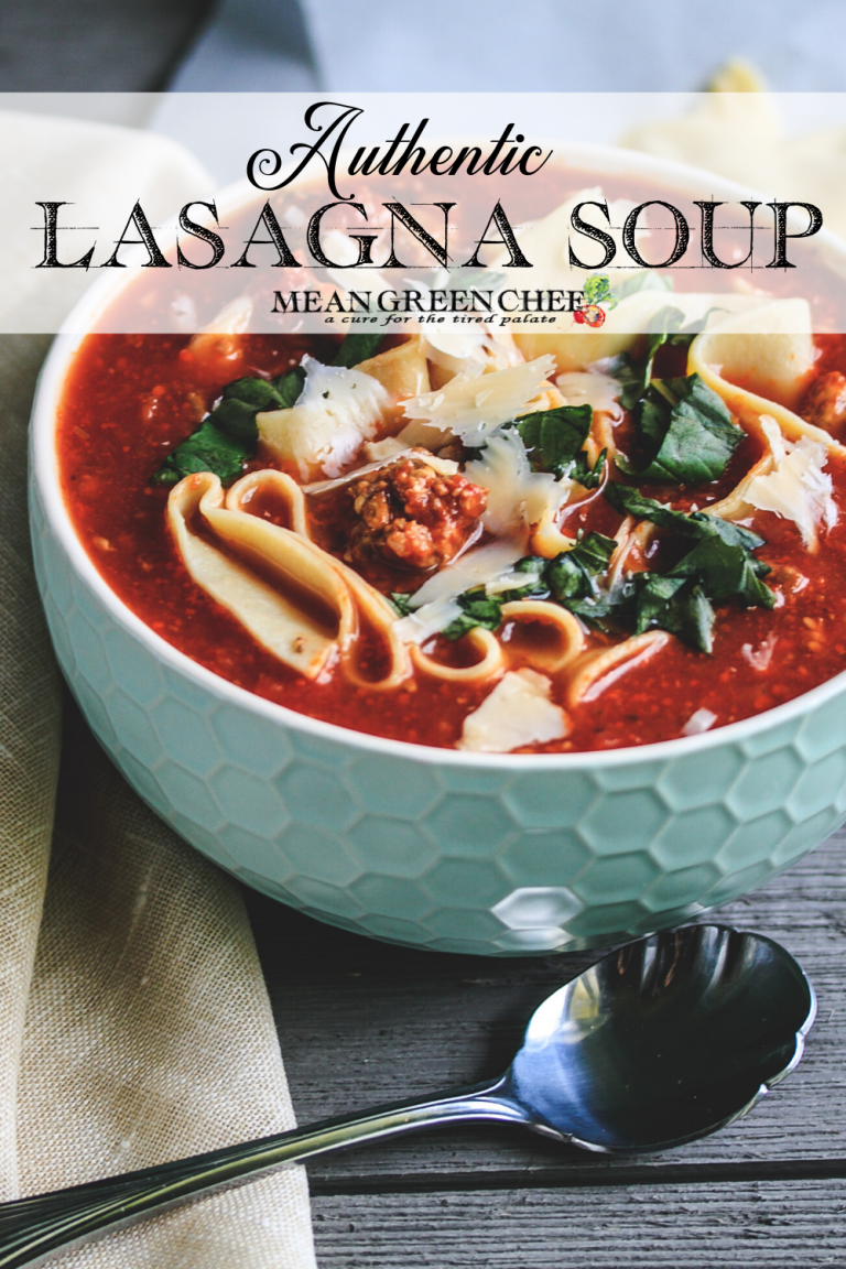 Blow bowl filled with Authentic Lasagna Soup.