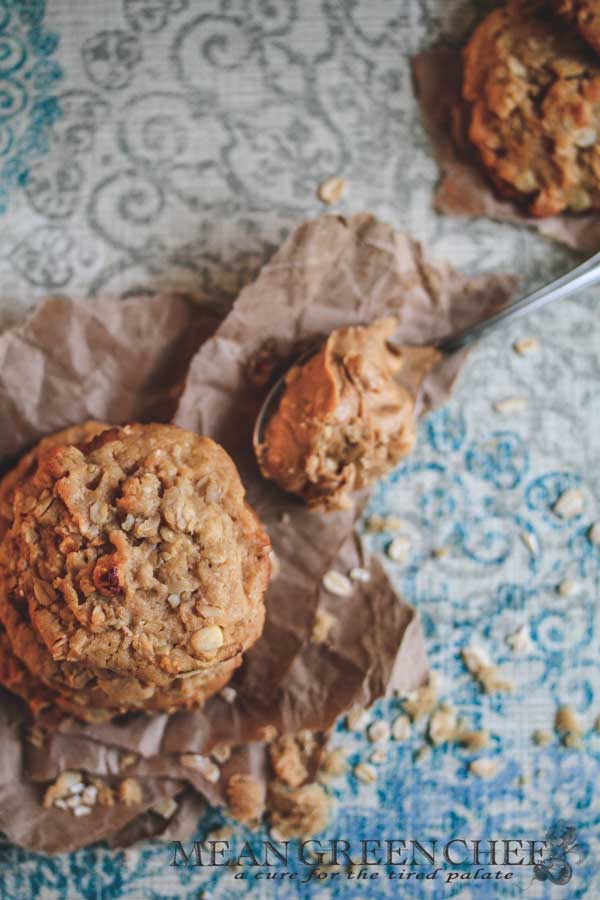 Stacked Peanut Butter Oatmeal Cookies pictured with brown sugar.