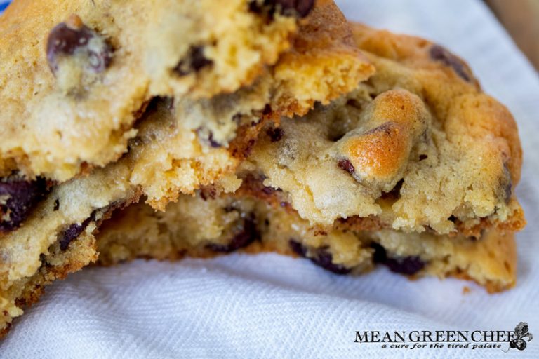 Bakery Style Chocolate Chip Cookies on a white kitchen towel