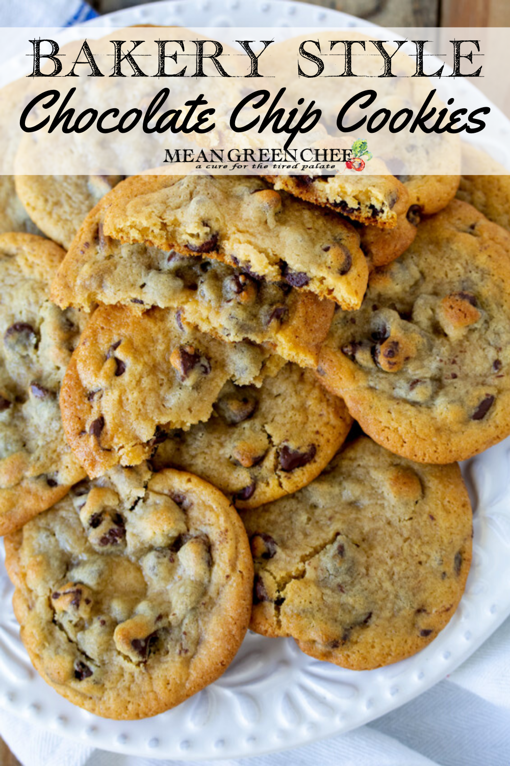 Bakery Style Chocolate Chip Cookies on a white plate