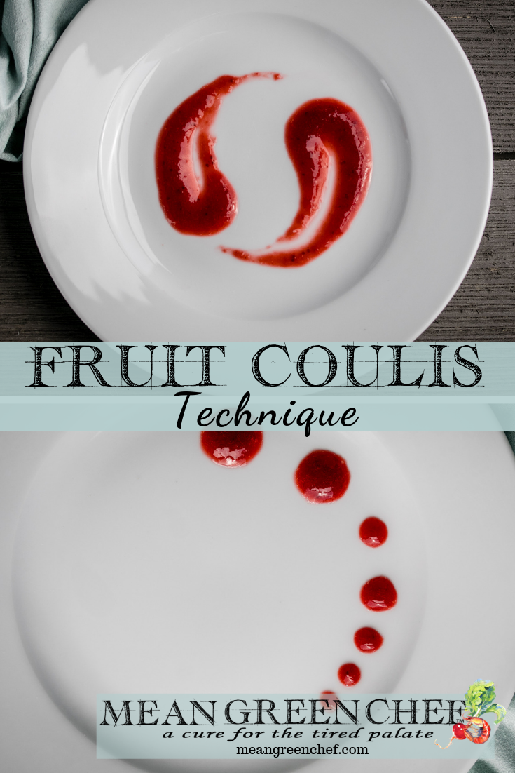 Fruit Coulis garnishing white plates.