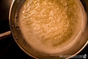 Butter cooking in a saute pan for making Brown Butter. Mean Green Chef