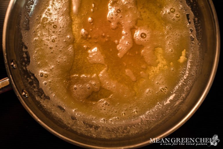 Butter cooking in a saute pan for making Brown Butter. Mean Green Chef