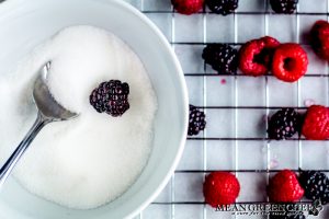 Blackberry sitting in a white bowl with superfine sugar and a silver spoon to the left.