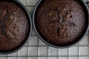 Overhead shot of freshly baked Guinness Chocolate Cakes fresh from the oven.