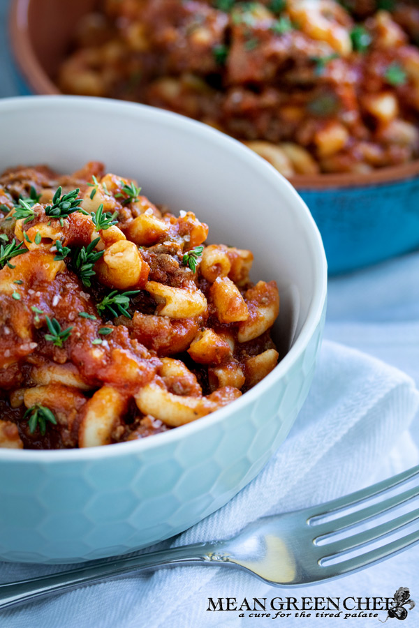 American Chop Suey (Goulash) in white bowl