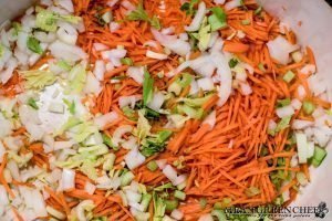 Julienned carrots, diced celery and onions for Bistro Broccoli Cheese Soup.