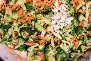 Chopped up broccoli, carrots, garlic for Bistro Broccoli Cheese Soup.