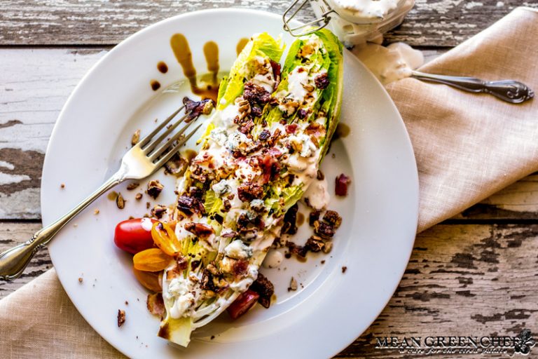 Romaine Blue Cheese Wedge Salad with bacon and balsamic reduction.