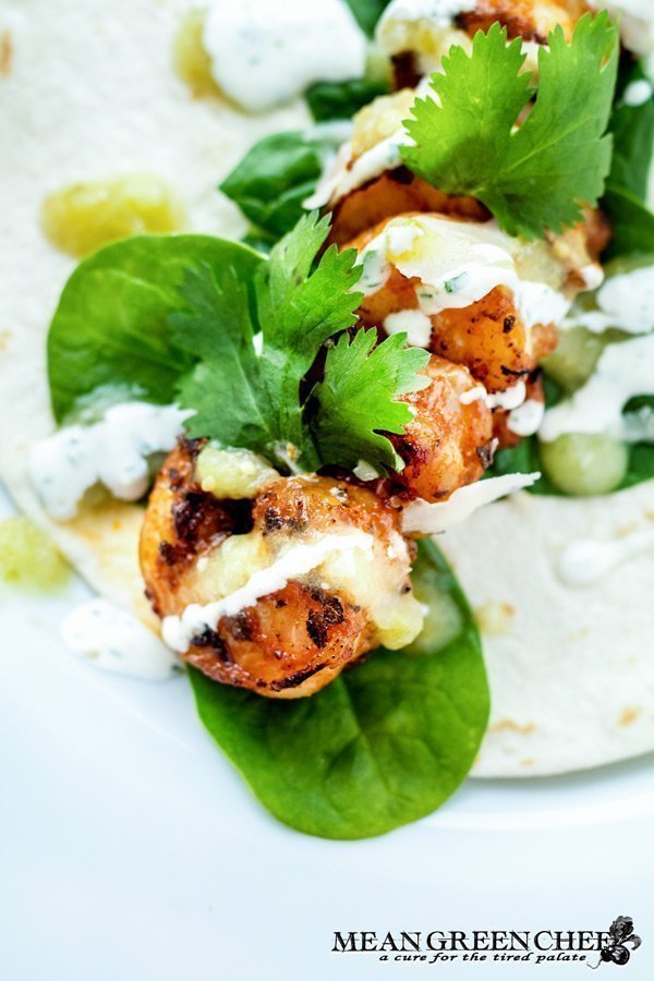 Blackened Shrimp Tacos with Roasted Salsa Verde Sauce