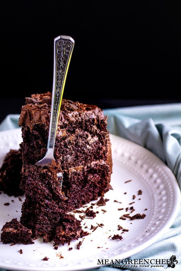 Fork in a slice of Chocolate Storm Cake.