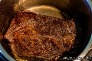 Side of seared pot roast in Instant Pot.