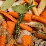 Vegetables + herbs in the Instant Pot for Red Wine Pot Roast.