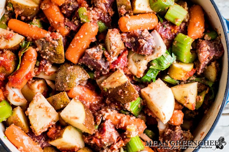 Ingredients that have been mixed for Old Fashioned Beef Stew.