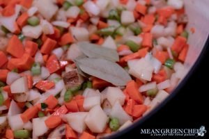 Vegetables sauteing for double Crust Chicken Pot Pie