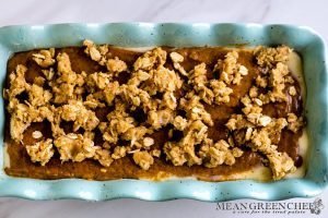 Top layer of Pumpkin Cream Cheese Bread Recipe with oat crumble on top.