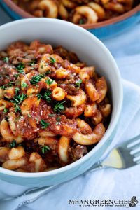 American Chop Suey (Goulash) in white bowl