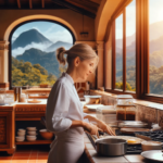 A woman is cooking in a kitchen with an open window view of mountains and a sunset, surrounded by pots, jars, and a warm, inviting ambiance.