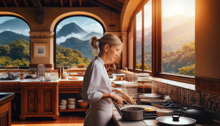 A woman is cooking in a kitchen with an open window view of mountains and a sunset, surrounded by pots, jars, and a warm, inviting ambiance.