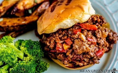 Extra Sloppy Joes on a bun with broccoli and fries.