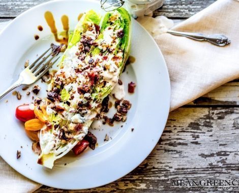 Romaine Blue Cheese Wedge Salad with bacon and balsamic reduction.