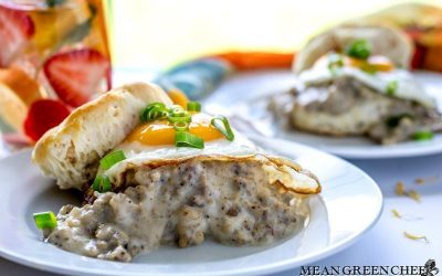 Country Sausage Gravy, served over fluffy buttermilk biscuits and topped with a bright sunny side up egg.